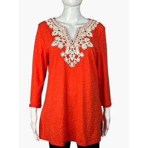 Peter Nygard Womens Small Embroidered Tunic Top Orange V-Neck Long sleeve